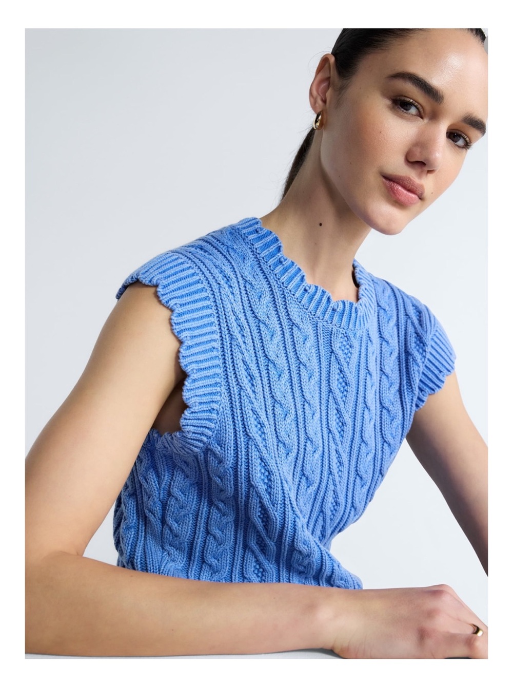 Free Assembly Scalloped Cable Knit Blue Wash Vest NWT